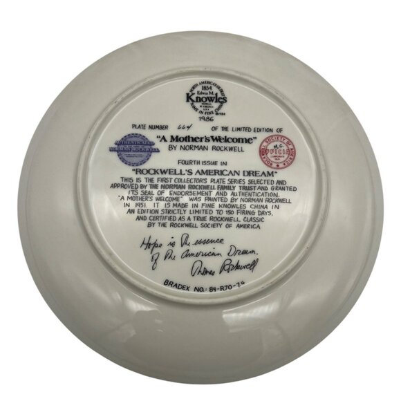 1986 Knowles Norman Rockwell Plate A Mother's Welcome 8.5" Bradex 84-R70-7.4 - Picture 3 of 6